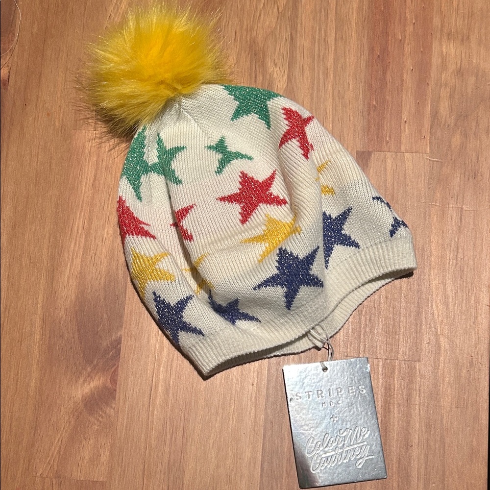 Colorful Star Pattern Beanie with Yellow Pom Pom